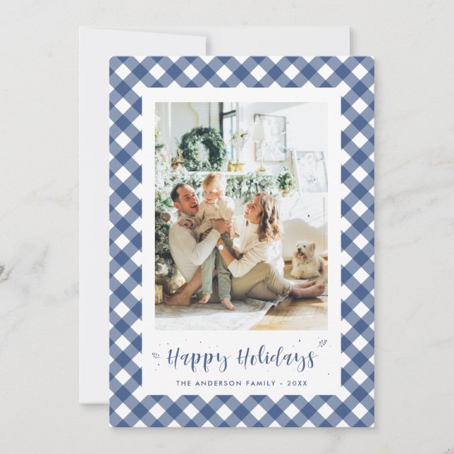 Modern Blue Plaid Calligraphy Photo Holiday Card (Front)