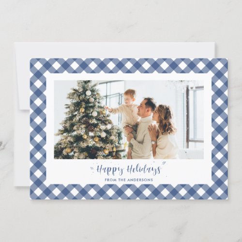 Modern Blue Plaid Calligraphy Photo Holiday Card