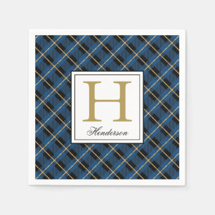 Modern Blue Plaid Check Gold Accents, Monogrammed Napkins