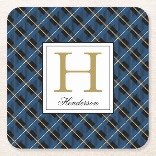 Modern Blue Plaid Check Gold Accents Monogrammed Square Paper Coaster