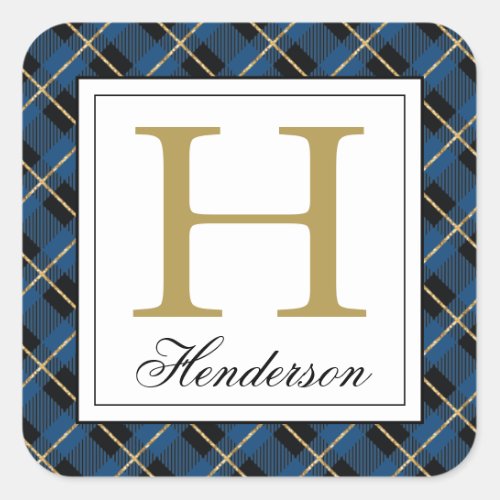 Modern Blue Plaid Check Gold Accents Monogrammed Square Sticker