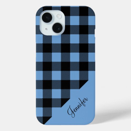 Modern Blue Plaid Check Pattern Name iPhone 15 Case