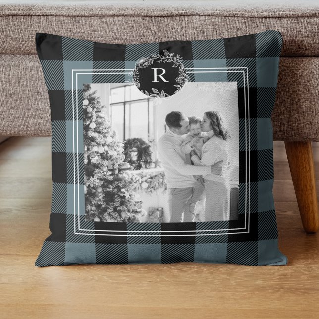Modern Blue Plaid | Family Photo | Initial  Throw Pillow (Creator Uploaded)