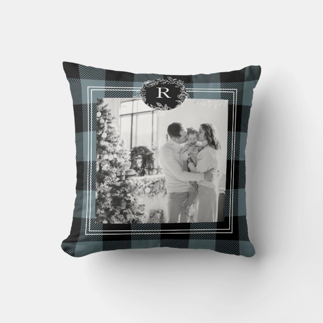 Modern Blue Plaid | Family Photo | Initial  Throw Pillow (Front)