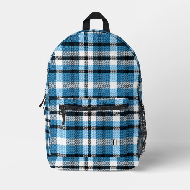 Modern Blue Plaid Monogram Initials Printed Backpack (Front)