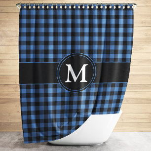 Modern Blue Plaid Monogram Shower Curtain