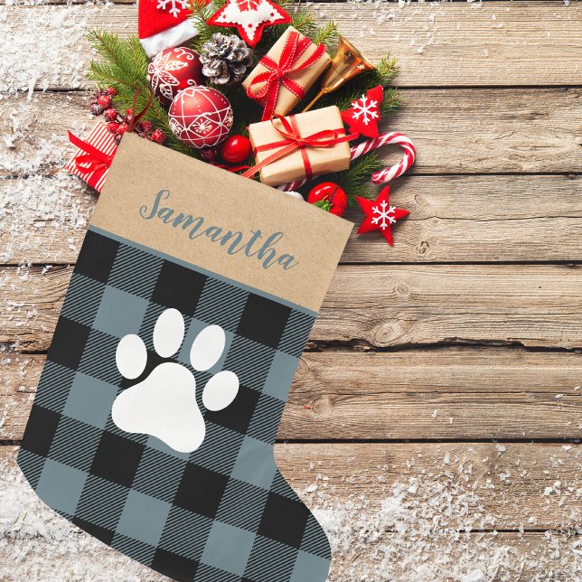 Modern Blue Plaid & Name Dog Paw Large Christmas Stocking (Creator Uploaded)