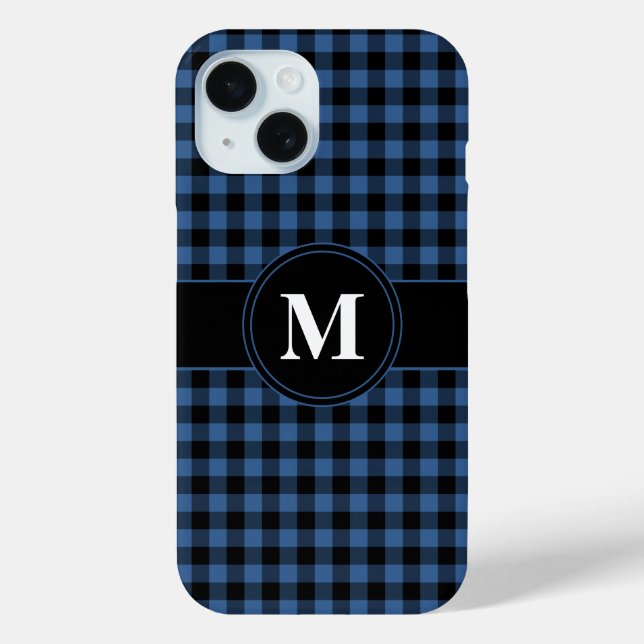 Modern Blue Plaid Pattern Monogram Case-Mate iPhone Case (Back)