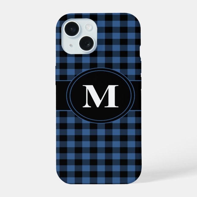 Modern Blue Plaid Pattern Monogram Iphone Case (Back)