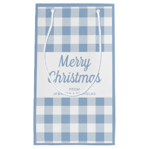 Modern Blue Plaid Script Merry Christmas Small Gift Bag