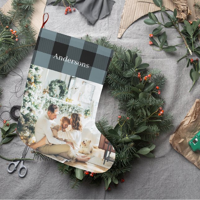 Modern Blue Plaid With Photo And Name | Large Christmas Stocking (Creator Uploaded)