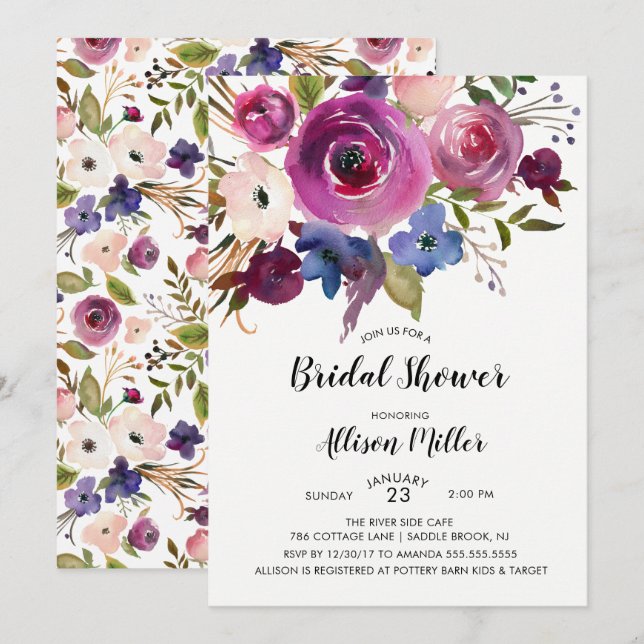 Modern Blue Plum Floral Bridal Shower Invitation (Front/Back)