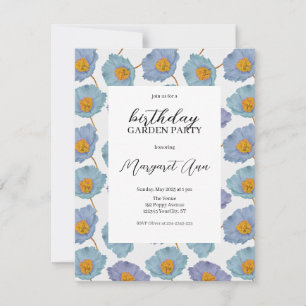 Modern Blue Poppy Floral Birthday Garden Party Invitation