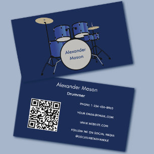 Modern Blue Professional Drummer QR Code Business Card