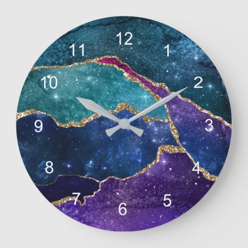 Modern Blue Purple Aqua Gold Agate Watercolor Large Clock