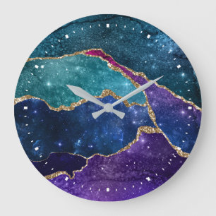 Modern Blue Purple Aqua Gold Agate Watercolor Large Clock
