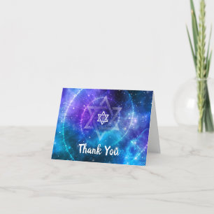 Modern Blue Purple Galaxy Bat Bar Mitzvah Folded Letterpress Thank You Card