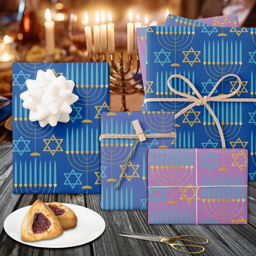Modern Blue Purple Gold Hanukkah Menorahs  Stars  Wrapping Paper Sheets