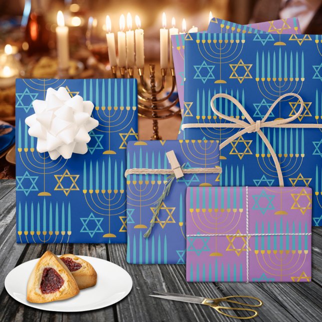 Modern Blue Purple Gold Hanukkah Menorahs & Stars  Wrapping Paper Sheets (Modern Blue Purple Gold Hanukkah Menorahs & Stars Wrapping Paper Sheets)