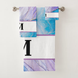 Modern Blue & Purple Marbled Alcohol Ink Monogram Bath Towel Set