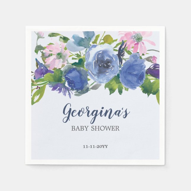 Modern Blue Purple Pink Floral Girl Baby Shower Napkins (Front)