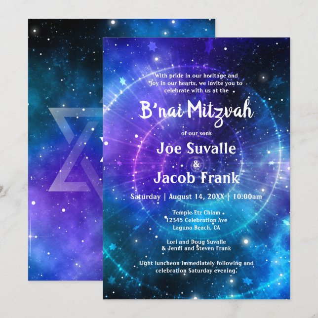 Modern Blue Purple Watercolor Galaxy B'nai Mitzvah Invitation (Front/Back)