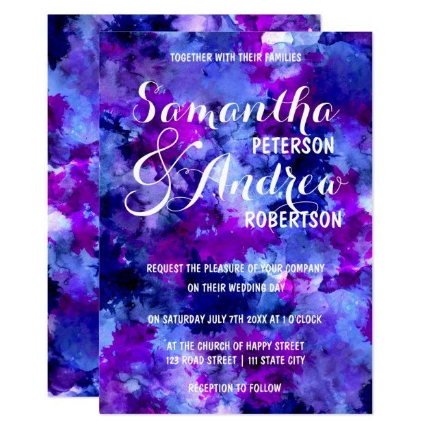 Modern Blue Purple Watercolor Wedding Invitation