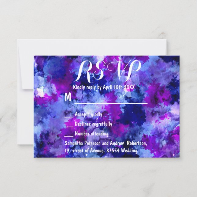 Modern blue purple watercolor wedding RSVP Card (Front)