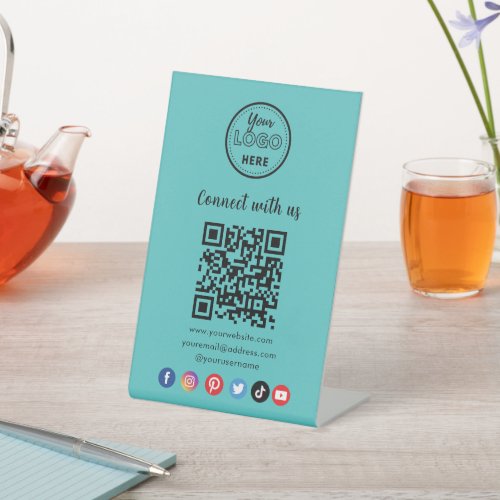 Modern Blue QR Code Connect With Us Social Media Pedestal Sign