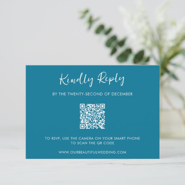 Modern Blue QR Code Simple Wedding RSVP Card (Standing Front)