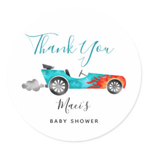 Modern Blue Race Car Baby Shower Favor Classic Round Sticker
