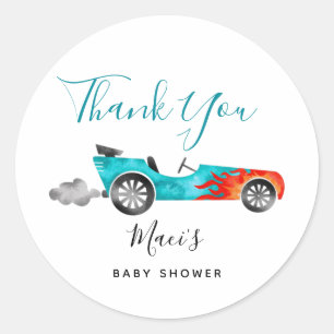 Modern Blue Race Car Baby Shower Favor Classic Round Sticker