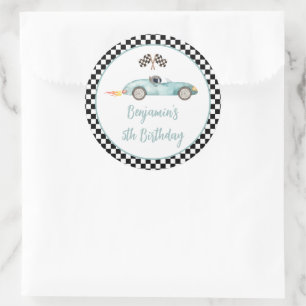 Modern Blue Race Car Birthday Classic Round Sticker