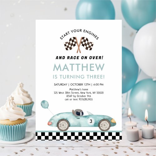 Modern Blue Race Car Birthday Invitation