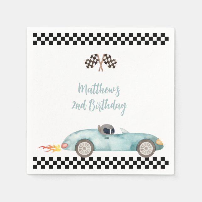Modern Blue Race Car Birthday Napkins (Front)