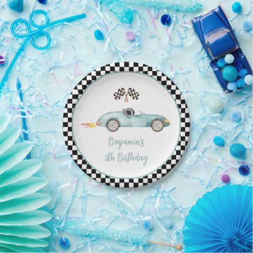 Modern Blue Race Car Birthday Paper Plates