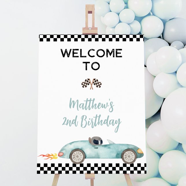 Modern Blue Race Car Birthday Welcome Foam Board (Creator Uploaded)