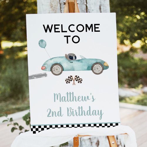 Modern Blue Race Car Birthday Welcome Foam Board