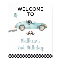 Modern Blue Race Car Birthday Welcome Sign