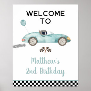 Modern Blue Race Car Birthday Welcome Sign