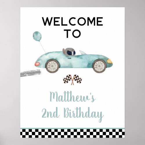 Modern Blue Race Car Birthday Welcome Sign