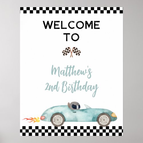 Modern Blue Race Car Birthday Welcome Sign