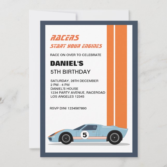 Modern Blue Race Car Boy Birthday  Invitation (Front)