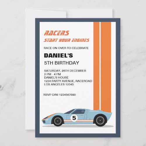 Modern Blue Race Car Boy Birthday  Invitation