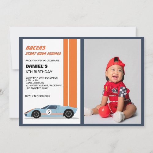 Modern Blue Race Car Boy Birthday Photo Invitation