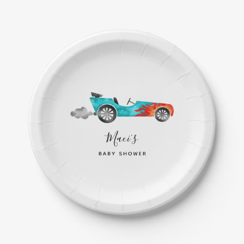 Modern Blue Race Car Girl Baby Shower Paper Plate