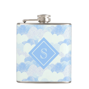 Modern Blue Rain Clouds Monogram Personalized Flas Flask