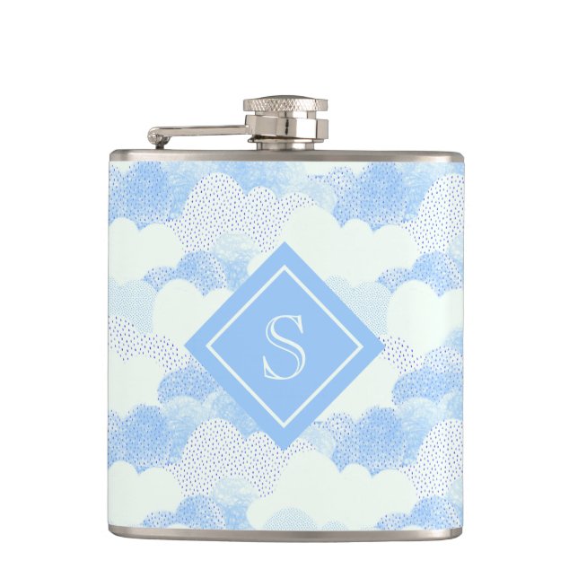 Modern Blue Rain Clouds Monogram Personalized Flas Flask (Front)