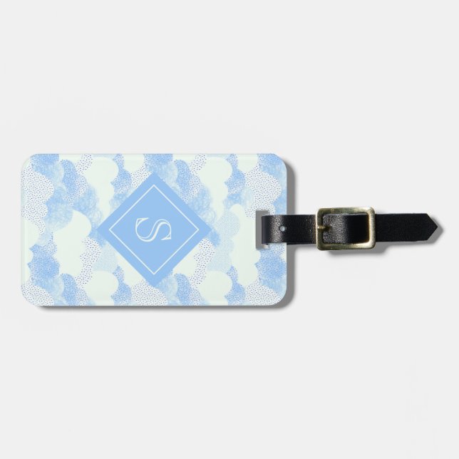 Modern Blue Rain Clouds Monogram Personalized Luggage Tag (Front Horizontal)