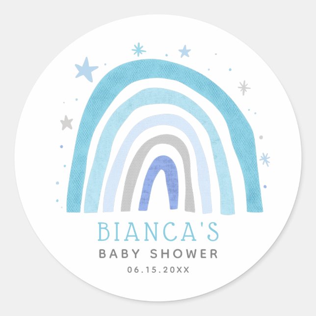 Modern Blue Rainbow Boho Baby Shower Classic Round Sticker (Front)